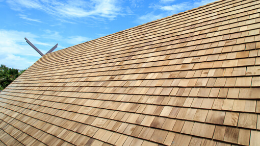 Close up of cedar/wood shake roofing shingles