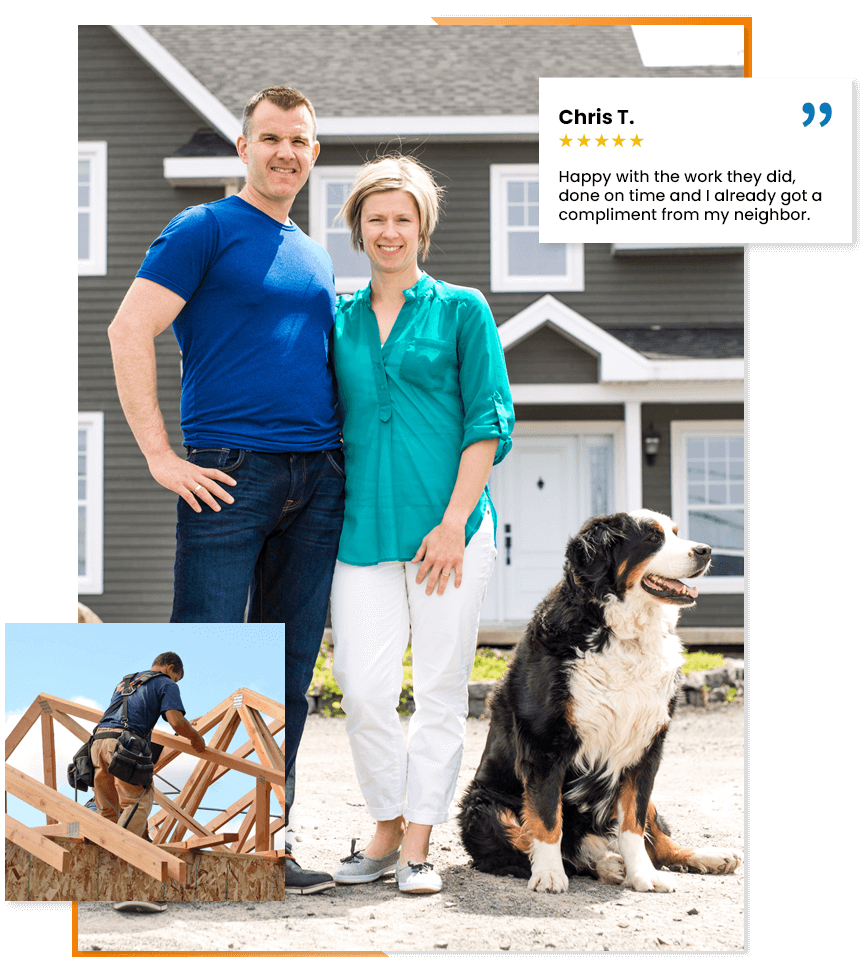 A large image showing a happy couple and their dog standing in front of their home, a small image of a roofing contractor framing a new roof, and a testimonial from a client