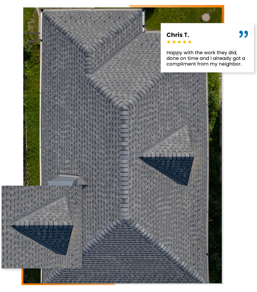 Image of roofer hammering a nail into a shingle, a roofer on a rooftop nailing a shingle, and a happy customer review